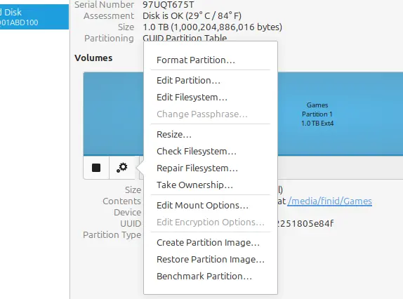 Linux GNOME Disks edit mount point