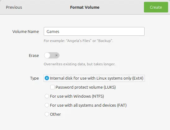 Linux GNOME Disks select file system